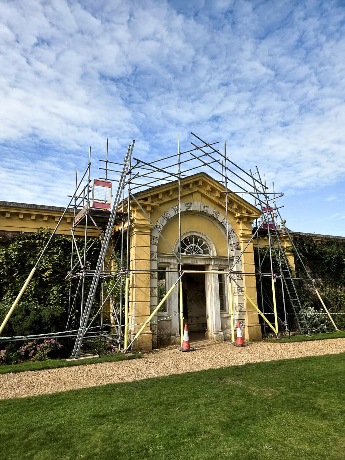 Scaffolding erected around a Georgian pavilion entrance on the Isle of Wight