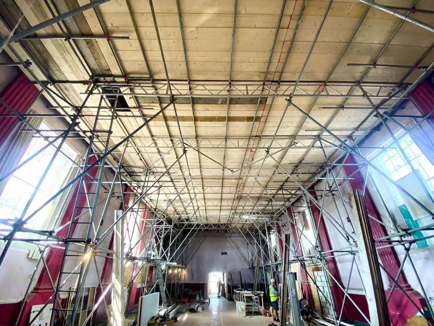 Interior scaffolding installed inside a large hall or theatre, Isle of Wight